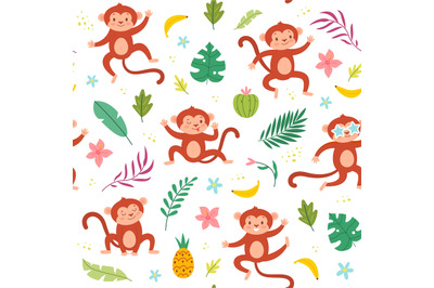 Cute monkeys seamless pattern. Tropical leaves and fruits, banana and