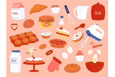 Bakery products. Different sweet pastry kinds and cooking tableware an