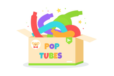 Pop tubes in box. Colorful plastic childish sensory toys, antistress f