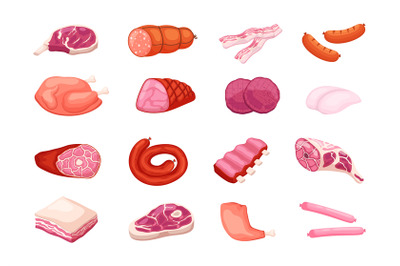 Cartoon meat products. Raw farm pork, beef steak, chicken and lamb, sa