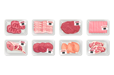 Meat plastic trays. Cartoon raw animal products, vacuum wrap packaging