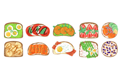 Sandwiches top view. Various product combinations on bread slices, egg