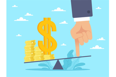 Adjustment, control of currencies. Gold coins and dollar sign on scale