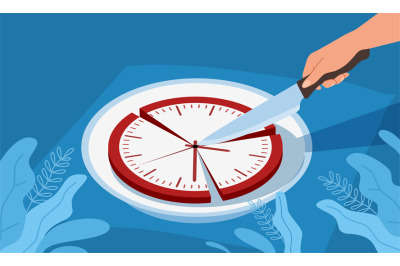 Division, time distribution. Cut clock face with knife, work planning