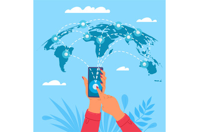 Global internet marketing. Hand holding smartphone on world map backgr