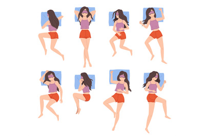 Girl sleep positions. Woman night relaxing in different poses top view