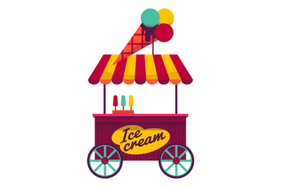 Ice cream stand. Cute street cart with waffle cone on roof