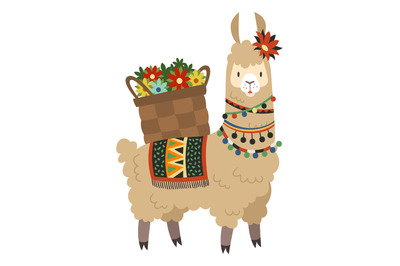 Funny alpaca carrying flowers in traditional old basket. Cute peruvian