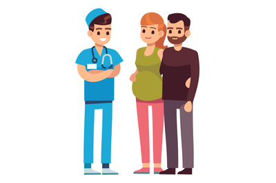 Pregnancy healthcare concept. Smiling doctor talking with couple