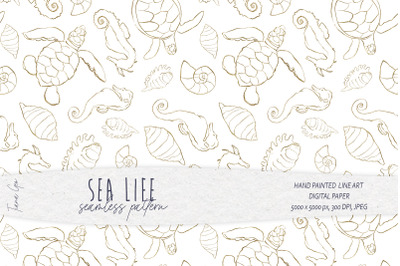 Sea animal gold line art seamless patterns - 1 JPEG file