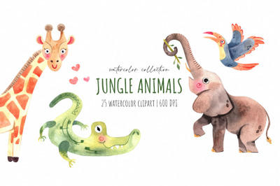 Watercolor jungle safari animals collection, png elements