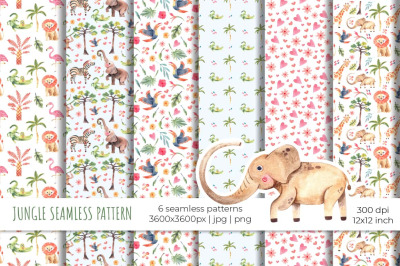 Watercolor jungle animals seamless pattern collection