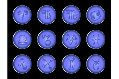 Zodiac signs icons set vector icons, imitation, convex glass