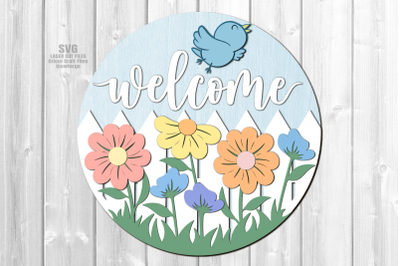 Floral Welcome Sign SVG Laser Cut Files | Bluebird Round Door Sign SVG