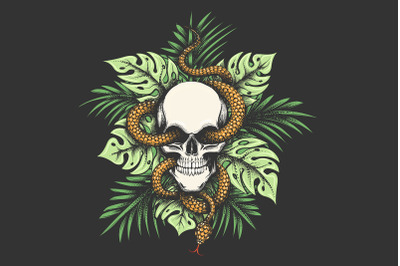 Skull and Snake on Jungle Leaves Black Background