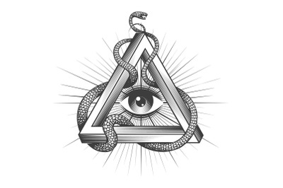 Masonic All seeing Eye inside Triangle with Snake of Wisdom Tattoo