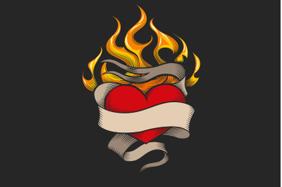 Flaming Heart colorful Emblem isolated on Black Background