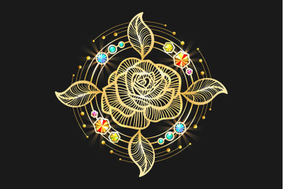 Golden Rose with Gemstones Isolated on Black