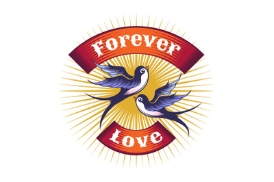 Two Swallows and Banner with wordings Forever Love Tattoo