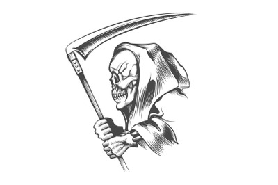 Skull in a Hood with Scythe Tattoo isolated on White