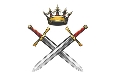 Crown and Swords Emblem drawn in engraving style