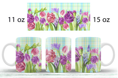 Tulips mug wraps Checkered plaid mug sublimation design png