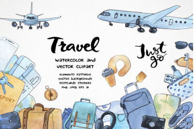 Watercolor Travel Clipart, trip clip art, vacation Seamless Pattern