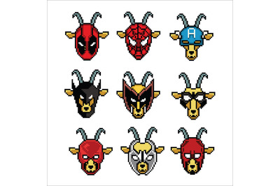 set of cartoon face goat superhero traits