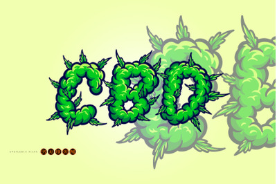 Cannabidiol word lettering with weed smoke Ilustrations