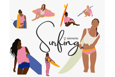 Surfing, summer illustrations, sporty girls