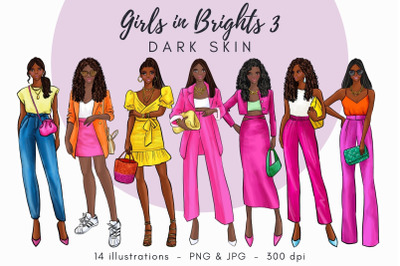 Girls in Brights 3 - dark skin Watercolor Fashion Clipart