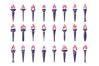 Torch collections. Graphic stylized flames on torch recent vector set