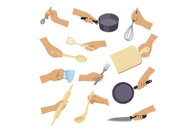 Kitchen tools. Hands holding various items for preparing products cuis