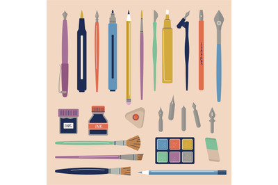 Artist tools. Pen brushes pencils markers liquid paint for craft calli