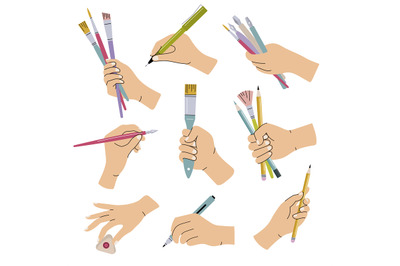 Stationary in hands. People holding brushes pencils lettering calligra