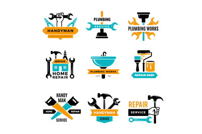 Plumbing badges. Home renovation logo handyman domestic bathroom repai