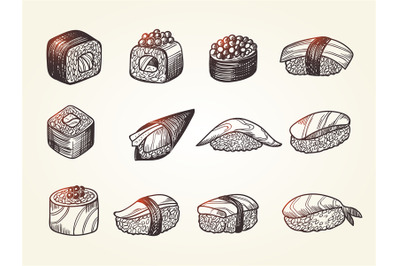 Sushi sketch. Hand drawn authentic asian food from fishes toro kani ph