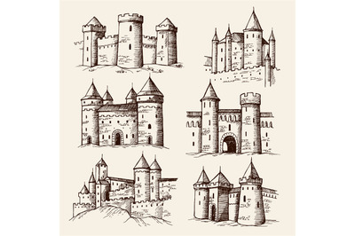 Medieval castles. Drawing ancient building towers gothic architectural