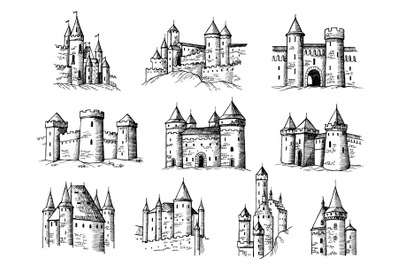 Drawing castles. Medieval buildings old gothic towers ancient construc