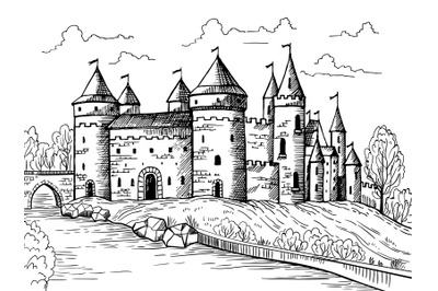 Medieval landscape. Gothic ancient buildings with big fortress fantasy