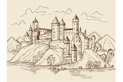 Medieval background. Fantasy historical buildings with fortress towers