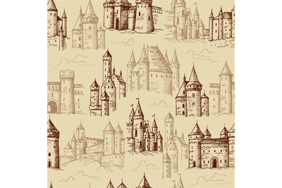 Castles pattern. Medieval historical buildings with towers textile des