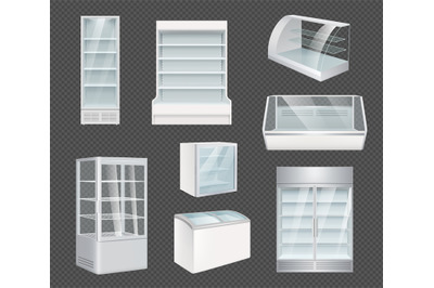 Refrigeration realistic. Retail open white refrigerators with ice for