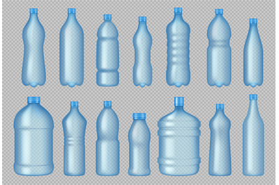 Transparent bottles. Realistic plastic containers for liquid products