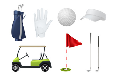 Golf equipment. Car white balls golf stick point flags grass sport bag