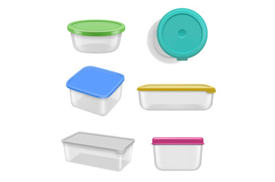 Transparent containers. Bowls and plastic boxes for food decent vector