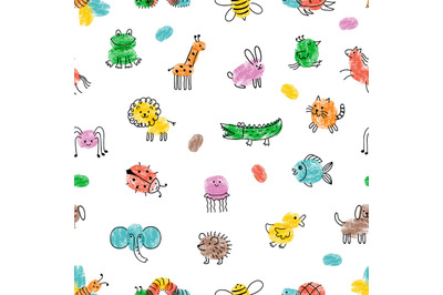 Children paint pattern. Fingerprint animals, cute drawing insect and w