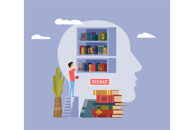 Education concept. Knowledge, self study. Man and bookshelf, books in