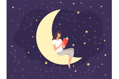 Female dreaming on moon. Woman read book, fantasy fairy tale vector il