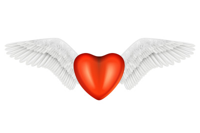 Flying heart. Red heart with white wings. Love romantic or support sym